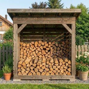 May include: A wooden firewood storage shed with a sloped roof. The shed is filled with neatly stacked, cut firewood. The wood has a light brown color. The shed is outdoors, with green grass and plants visible in the background.