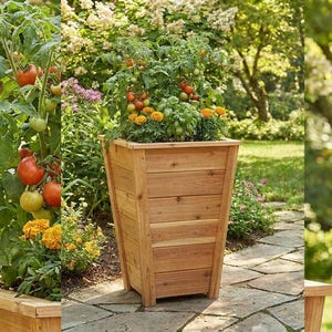 May include: A wooden planter box filled with tomato plants and marigolds. The tomatoes are red and green, and the marigolds are yellow and orange. The planter is in a garden setting with other plants and trees.