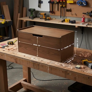 May include: A dark brown wooden storage chest. The chest is 91 cm wide, 41 cm deep, and 49 cm high. It has a recessed handle and a flat top. The dimensions are labeled on the chest.
