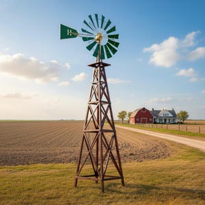 May include: A rustic, brown metal windmill with green blades and a green tail. The windmill is set against a backdrop of a farm field, a red barn, and a white house under a blue sky.