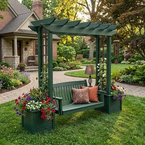 May include: A dark green wooden garden arbor featuring a built-in bench swing suspended between two square planters. The bench includes a patterned throw pillow and a solid orange cushion. The planters are filled with red, white, and purple flowers.