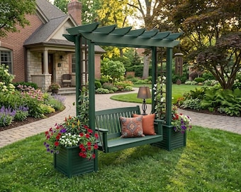 May include: A dark green wooden garden arbor featuring a built-in bench swing suspended between two square planters. The bench includes a patterned throw pillow and a solid orange cushion. The planters are filled with red, white, and purple flowers.