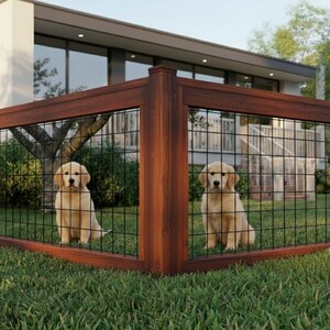 May include: Two golden retriever puppies sit inside a dark brown wooden fence with black wire mesh. The fence is in a grassy garden in front of a modern house. The puppies are facing the camera.