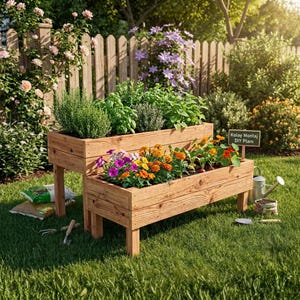 Op de afbeelding: Twee verdiepingen tellende houten verhoogde plantenbakken gevuld met kruiden en kleurrijke bloemen. De bakken staan op poten en staan op een groen gazon. Een houten hek en diverse tuingereedschappen staan op de achtergrond.