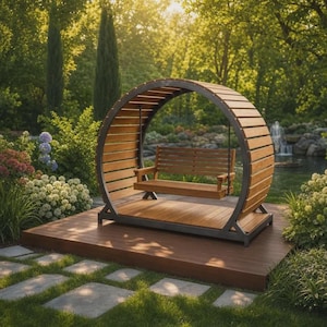 Könnte beinhalten: Eine kreisförmige Holzschaukelbank mit Lamellendesign und einem dunklen Metallrahmen. Die Struktur umfasst ein geschwungenes Dach und eine flache Holzbasis, die eine hängende Sitzfläche mit horizontalen Lamellen an Rückenlehne und Sitz bietet.