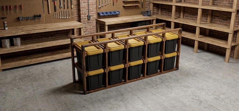 DIY DIY 27 Gallon Tote Rack Plans PDF | Garage Storage Bin Rack Blueprint | 10-Tote Sliding Rail System | Woodworking Plans Woodworking Blueprint - Step-by-Step Plan thumbnail 4