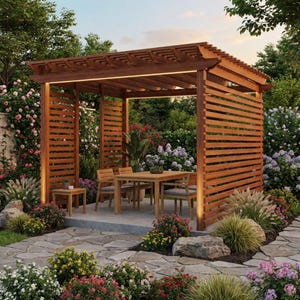 May include: A wooden pergola with a slatted roof and side panels, providing shade over a patio set. The patio set includes a table and chairs. The structure is surrounded by lush greenery, including flowering plants and bushes, creating an outdoor living space.