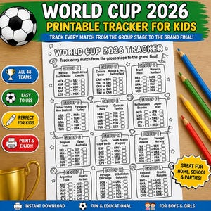 Pu&ograve; includere: Un foglio stampabile per il monitoraggio della Coppa del Mondo 2026 con i gruppi da A a L, elenchi di partite e caselle di controllo. Il documento include un'immagine di un pallone da calcio, matite colorate e un'icona di trofeo dorato.