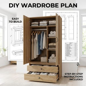 May include: A light brown wooden wardrobe with open doors, revealing clothes on hangers, folded items on shelves, and open drawers. The text "DIY Wardrobe Plan" and "Easy to Build" are visible. Step-by-step instructions are included.