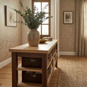 May include: A wooden kitchen island with a light-coloured countertop and dark brown base. A large beige vase with green foliage sits on top. The island has drawers and shelves with storage baskets. The room has a neutral colour palette.