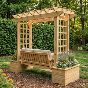 May include: A wooden garden swing seat with a pergola roof and integrated planters. The swing features a light-coloured cushion and is set amidst greenery. String lights are strung across the pergola's top.