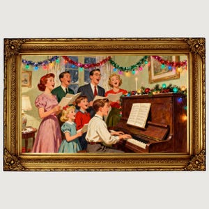 May include: A vintage-style framed print depicts a family singing carols around a piano. The scene is set in a warmly lit room decorated with Christmas lights and garland. The family members are dressed in classic attire, creating a nostalgic holiday atmosphere.