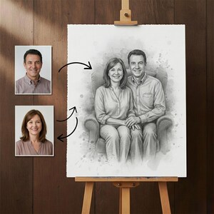 May include: A pencil sketch portrait of a couple seated together in a chair. Two smaller photos of the individuals are shown on the left, with arrows pointing to the portrait. The artwork is displayed on an easel against a wood background.
