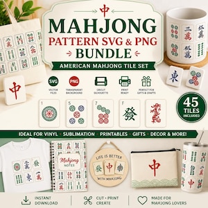 May include: A collection of Mahjong-themed products, including a tote bag, mug, tiles, t-shirt, notebook, sign, pouch, and tumbler. The products feature Mahjong tile designs and Chinese characters. The image includes the text "MAHJONG PATTERN SVG & PNG BUNDLE".