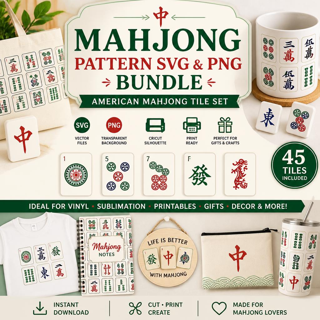 American Mahjong Tile SVG PNG Bundle, Cricut Pattern Files (Digital Download)
