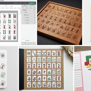 May include: A collection of images featuring Mahjong tiles and related items. Includes a wooden tray with engraved tiles, a t-shirt with a tile pattern, and a tablet with tile stickers. The tiles are in various colors and designs.