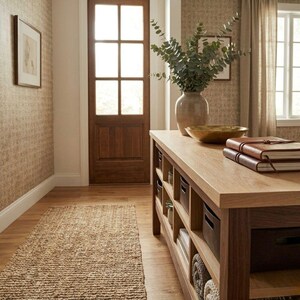 May include: A hallway featuring a wooden door and a woven rug. A wooden console table displays a vase with greenery, a gold bowl, and leather-bound journals. The walls are covered in patterned wallpaper.