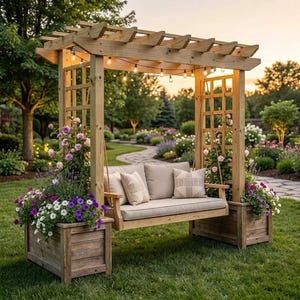 May include: A wooden pergola swing set featuring a bench with beige cushions, suspended between two lattice side panels. Each side panel is attached to a square wooden planter box filled with purple, white, and pink flowers. String lights hang from the top.