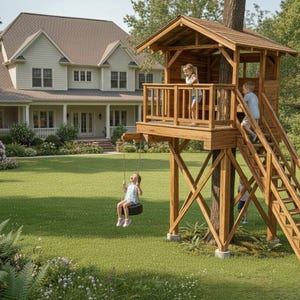 Op de afbeelding: Een houten boomhut met een schuin dak, een klein balkon en een trap. Een kind schommelt op een bandenschommel, terwijl twee andere kinderen op het balkon van de boomhut staan en de trap oplopen. Op de achtergrond is een groot huis te zien.