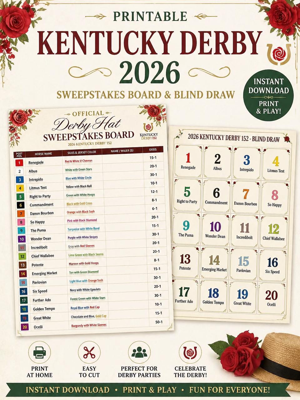 Kentucky Derby 2026 Party Game – Horse Draw Sweepstakes Board (PDF Printable)