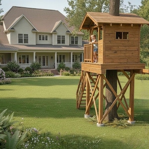 Op de afbeelding: Een houten boomhut met een schuin dak en een klein balkon, gebouwd rond een boomstam. De boomhut wordt ondersteund door houten balken en heeft een ladder voor toegang. Op de achtergrond staat een groot huis op een groen gazon.