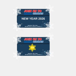 Peut inclure: Deux cartons rectangulaires bleu marine avec des accents de flocons de neige blancs. Le carton sup&eacute;rieur indique "JOIN US TO CELEBRATE" et "NEW YEAR 2026". Le carton inf&eacute;rieur a un flocon de neige jaune avec "2026".