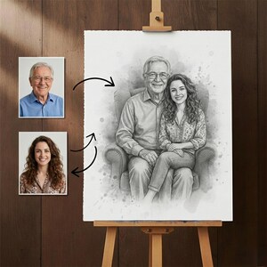 May include: A pencil sketch portrait of a man and woman seated together in a chair. The portrait is on a white canvas, displayed on a wooden easel. Two smaller photos of the subjects are on the left.