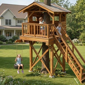 Op de afbeelding: Een houten boomhut met een ladder, een glijbaan en een bandenschommel. De boomhut heeft een klein dak en ramen. Kinderen spelen in de tuin op de boomhut en schommelen.