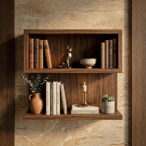 May include: A two-tiered wooden bookshelf with various decorative items. The top shelf holds books, a geometric fox figurine, and a small bowl. The bottom shelf displays books, a candle in a gold holder, a small plant, and a terracotta vase.