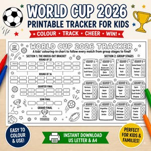 Pu&ograve; includere: Un tabellone stampabile in bianco e nero per la Coppa del Mondo 2026 dedicato ai bambini, con un diagramma a eliminazione diretta dai sedicesimi alla finale e una sezione per le fasi a gironi con caselle per segnare i punteggi delle partite.