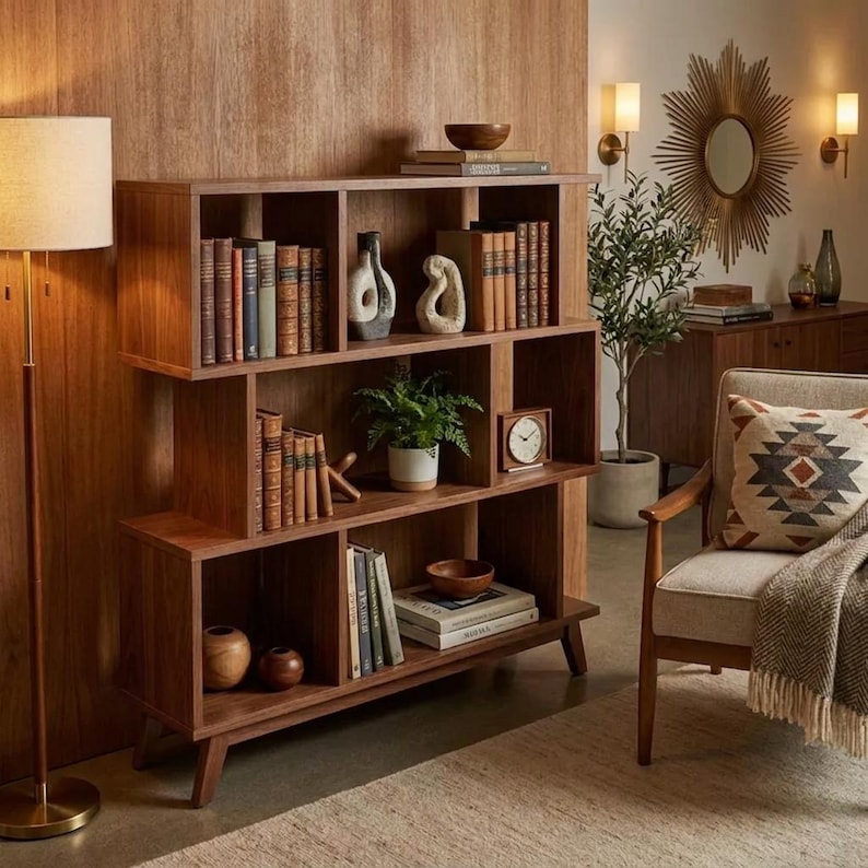 DIY Mid-Century Modern Bookshelf Plans | Geometric Asymmetrical Bookcase Blueprint (PDF Download) Woodworking Blueprint - Step-by-Step Plan thumbnail 1