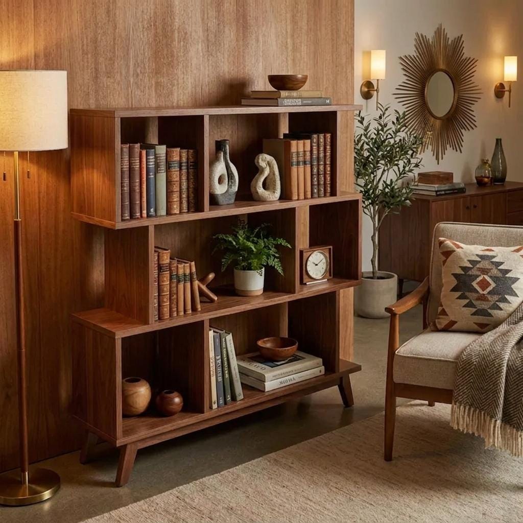 Mid-Century Modern Bookshelf Plans | Geometric Asymmetrical Bookcase Blueprint (PDF Download)