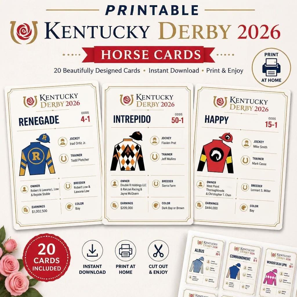 Kentucky Derby 2026 Horse Cards Printable — Jockey Silks Roster PDF | Derby Party Decor Guide