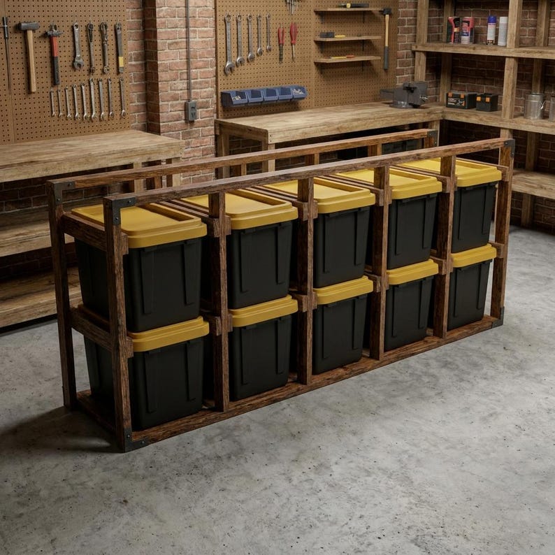 DIY DIY 27 Gallon Tote Rack Plans PDF | Garage Storage Bin Rack Blueprint | 10-Tote Sliding Rail System | Woodworking Plans Woodworking Blueprint - Step-by-Step Plan thumbnail 2