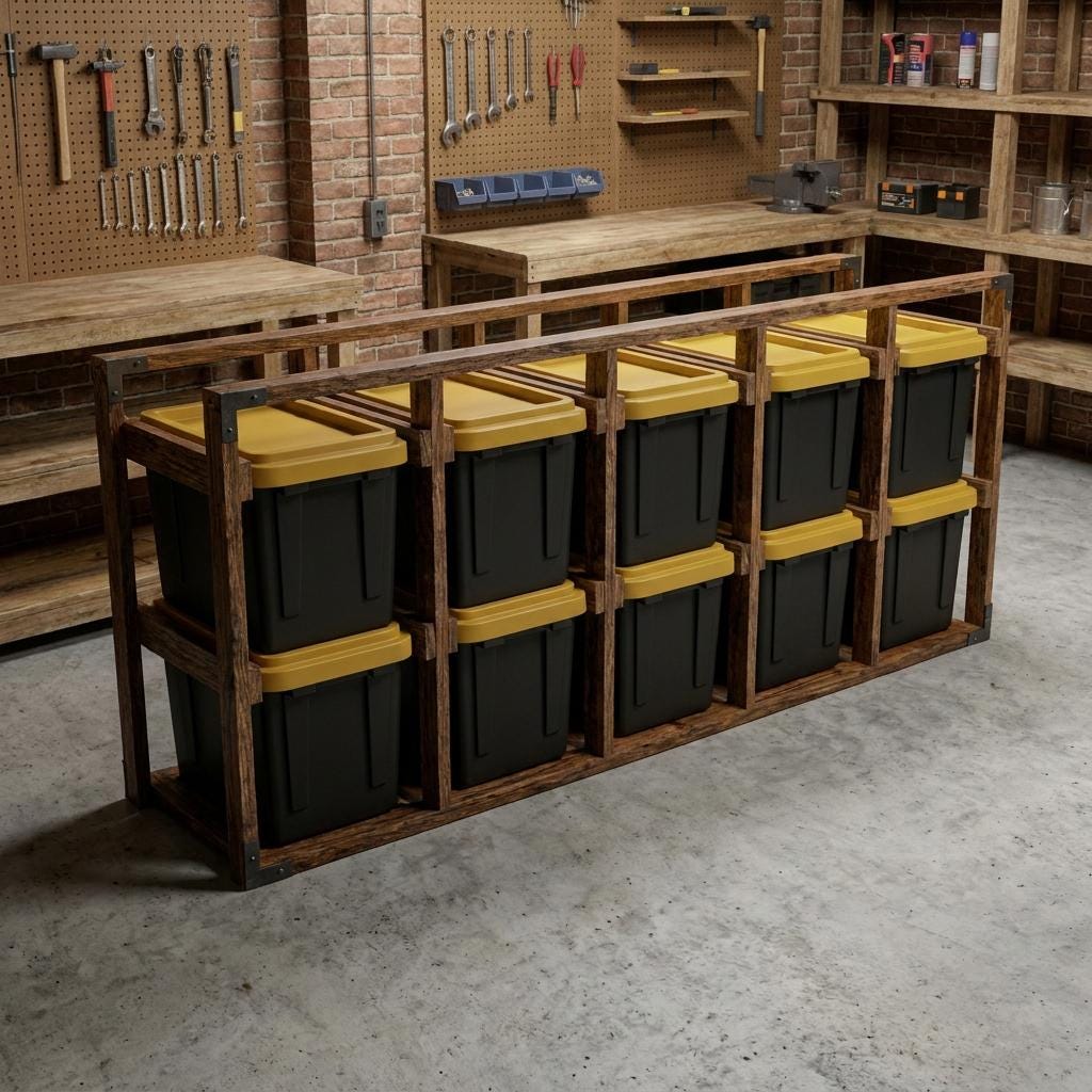 DIY 27 Gallon Tote Rack Plans — Step-by-step 3D assembly diagram