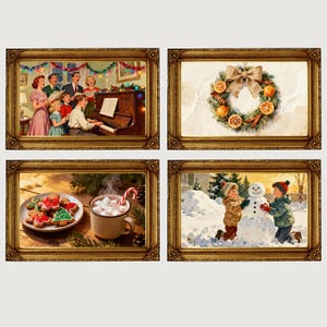 May include: Four framed vintage Christmas prints. One shows a family singing around a piano, another a wreath with oranges and cinnamon sticks, a third with cookies and hot cocoa, and the last with children building a snowman.