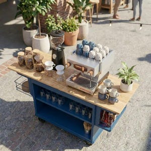 Może przedstawiać: Mobilny bar kawowy z drewnianym blatem i niebieską podstawą. Posiada młynek do kawy, ekspres do espresso oraz r&oacute;żne filiżanki i akcesoria do kawy. Bar jest ustawiony na zewnątrz z roślinami i łańcuchami świetlnymi.