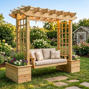 May include: A light brown wooden pergola swing with two integrated planter boxes at the base. The swing features beige cushions and two patterned throw pillows. A string of warm white globe lights is draped across the top of the pergola structure.