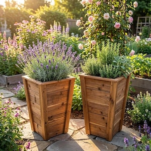 Peut inclure: Deux jardinières en bois remplies de plantes. L'une contient de la lavande aux fleurs violettes, l'autre des herbes vertes. Les jardinières sont en bois brun clair et sont posées sur un patio en pierre dans un jardin.