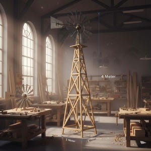 May include: A wooden windmill model, 4 meters tall, with a 1-meter base, stands in a workshop. The windmill features a detailed lattice tower and a multi-bladed fan. The workshop is filled with woodworking tools and other windmill models.