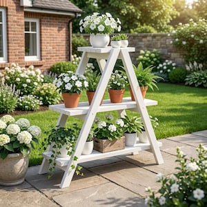 Puede incluir: Un estante blanco de tres niveles para plantas en un jardín. El estante contiene varias plantas en macetas, incluyendo plantas de flores blancas, helechos y suculentas. El estante es de madera y está colocado sobre un patio de piedra con césped verde y una casa de ladrillo al fondo.