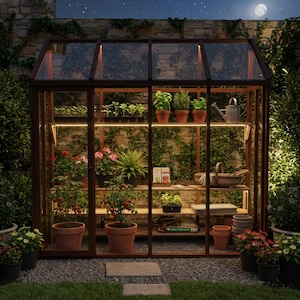 May include: A wooden greenhouse with glass panels, illuminated by interior lights, showcasing various potted plants and gardening supplies. The structure is set against a stone wall and lush greenery, creating a serene gardening scene. The image is taken at night, with a full moon in the background.