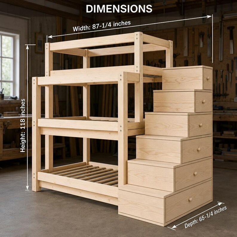 DIY DIY Triple Bunk Bed Plans PDF, 3 Tier Bunk Bed with Storage Stairs, Wooden Loft Bed Blueprint for Kids & Adults, Digital Download Woodworking Blueprint - Step-by-Step Plan thumbnail 2