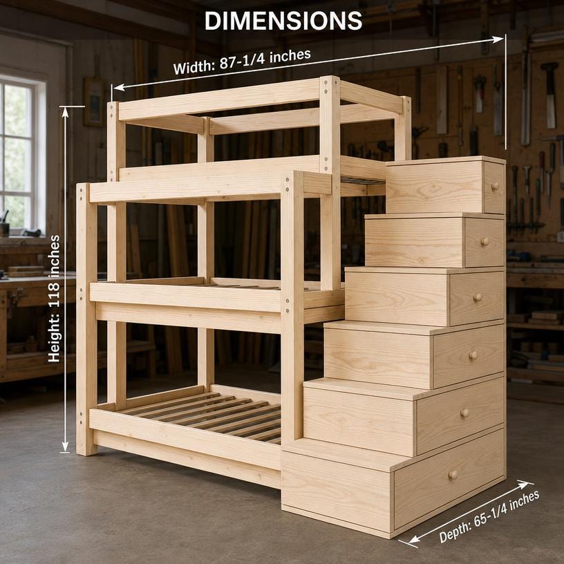 Triple Bunk Bed Plans with Storage Stairs — Step-by-step 3D assembly diagram