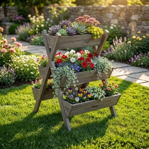 May include: A three-tiered wooden planter, filled with a variety of colourful flowers and succulents. The planter has a weathered, rustic look and is positioned on a grassy lawn. The flowers include red, white, purple, and yellow blooms, creating a vibrant display.