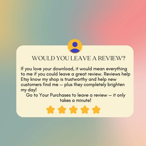 K&ouml;nnte beinhalten: Digitale Grafik mit dem Text "WOULD YOU LEAVE A REVIEW?" auf cremefarbenem Hintergrund. Der Text ermutigt Kunden, eine Bewertung abzugeben. Der Hintergrund ist ein Farbverlauf aus Rosa, Gelb und Gr&uuml;n.