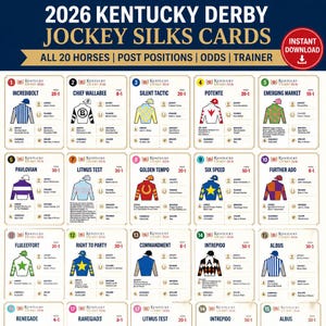 May include: A card featuring the 2026 Kentucky Derby Jockey Silks. Each card displays a horse's name, jockey, trainer, odds, and a colorful illustration of the jockey's silks. The cards are arranged in rows and columns, with the text "Instant Download" in the upper right corner.