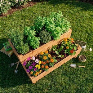 Op de afbeelding: Een houten plantenbak met twee niveaus gevuld met kruiden en bloemen. De bovenste laag heeft groene kruiden, de onderste laag toont fel oranje, gele en paarse bloemen. Tuingereedschap en een gieter zijn in de buurt.
