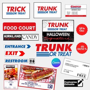 May include: A collection of signs and food items, including "Trick or Treat" and "Trunk or Treat" signs in red and blue. Also includes a "Food Court" sign, hot dogs, and a "Kirkland Candy" sign.