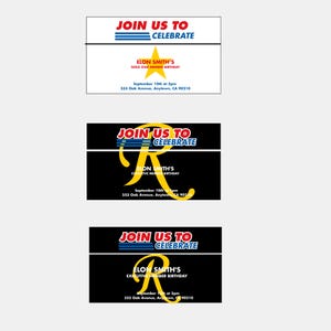 Peut inclure: Cartes d'invitation avec le texte "Join Us To Celebrate" en rouge et bleu. Les invitations comportent une &eacute;toile dor&eacute;e et le texte "Elon Smith's Gold Star Member Birthday". La date et l'heure sont indiqu&eacute;es le 10 septembre &agrave; 17h.